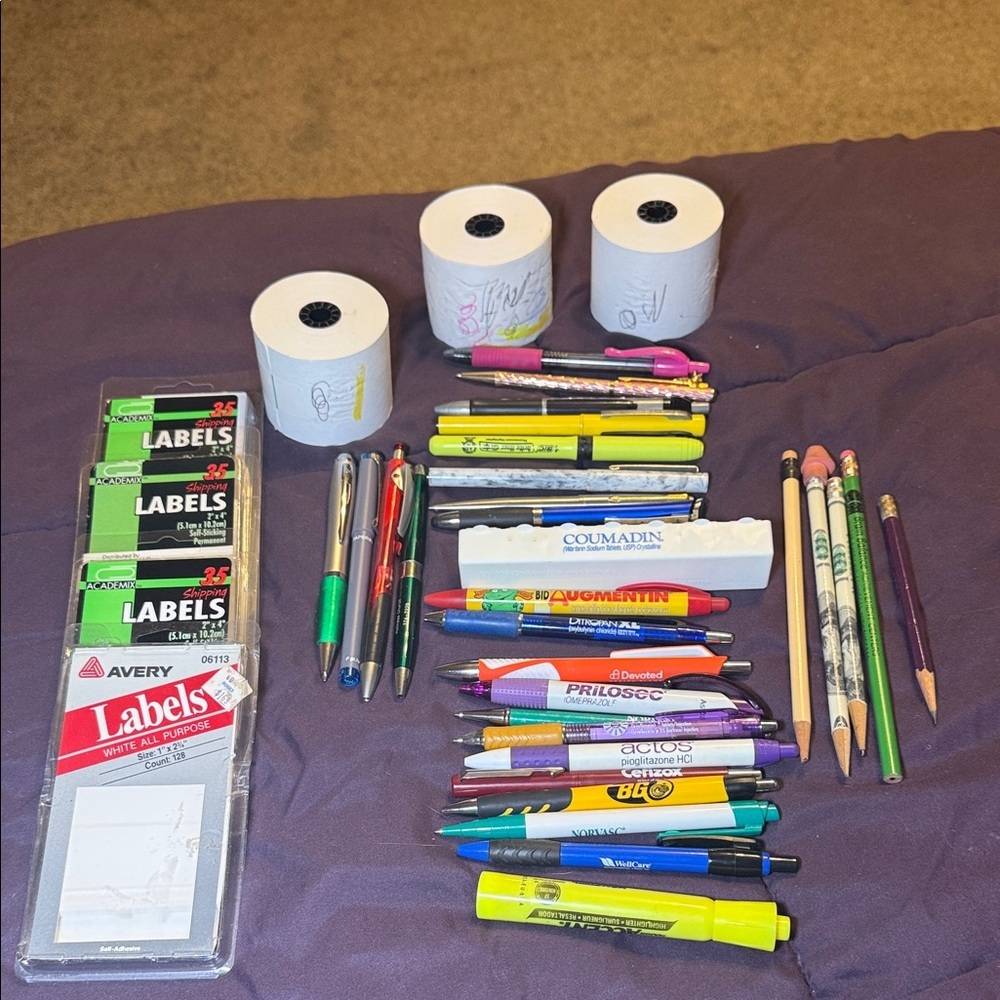 Assorted Writing Instruments and Office Supplies Set - some drug rep pens